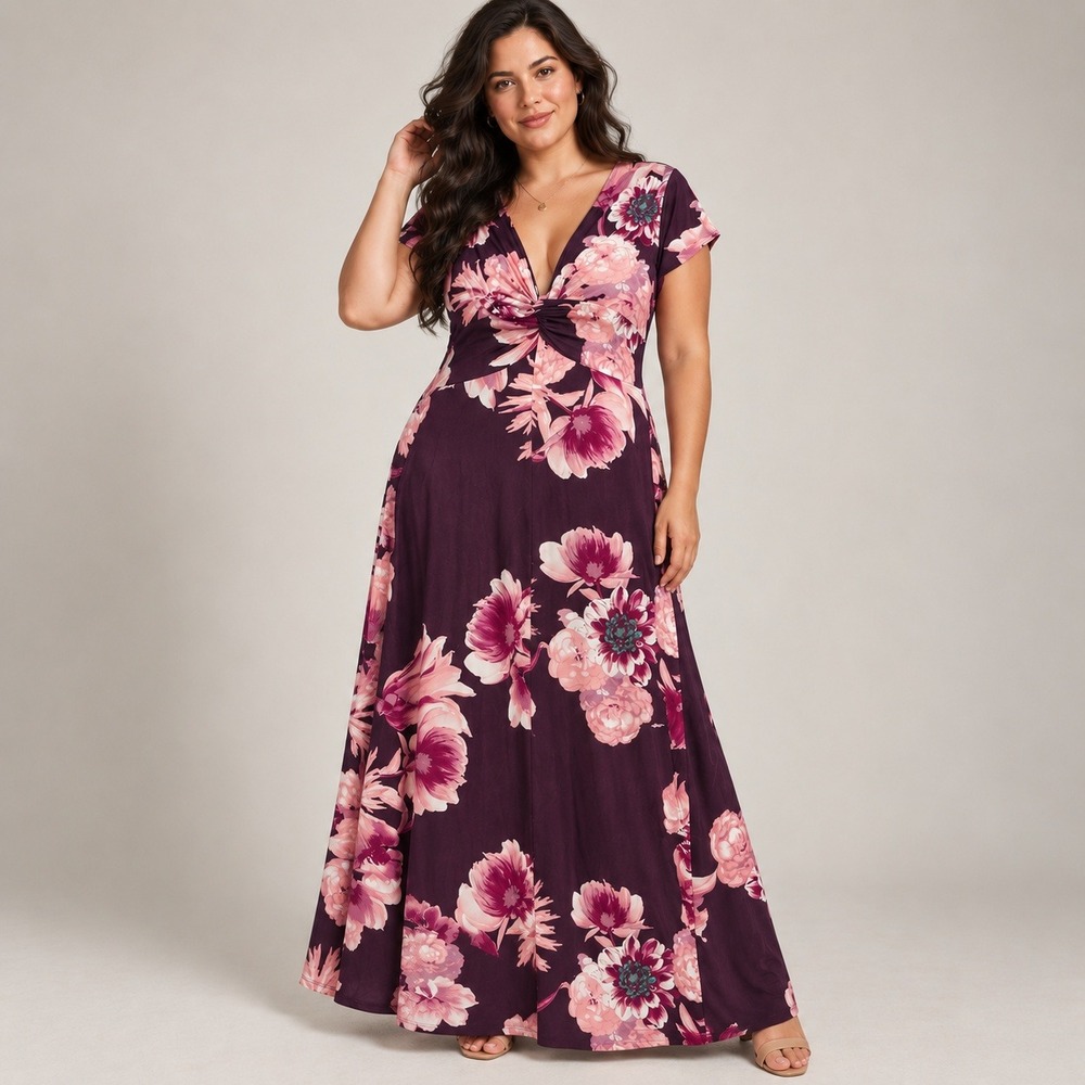 Ashley Stewart Floral Maxi Dress Womens 14/16 Plum Pink Knot Front V-Neck USA